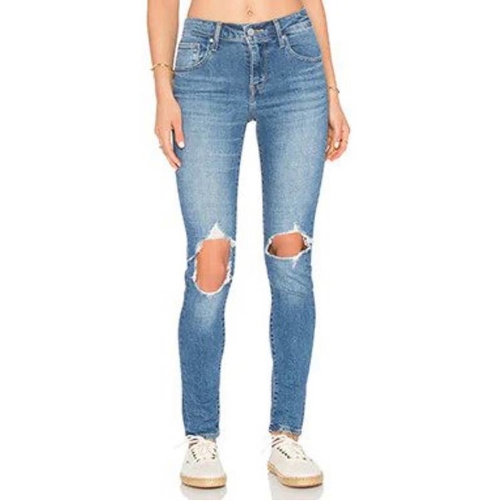 Levis Premium 721 High Rise Distressed Medium Wash Skinny Jeans 25
